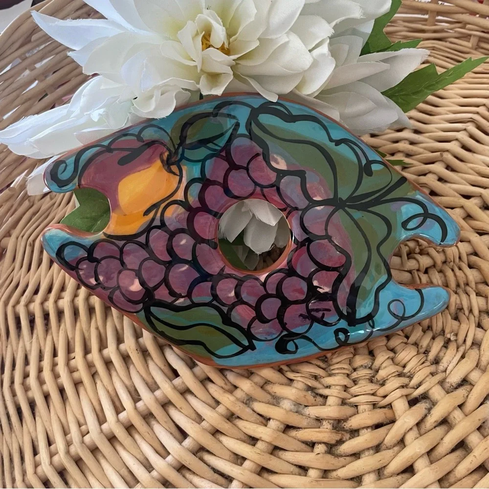 Handcrafted Wine Bottle and Glasses Holder Hand Painted grapes and pears design